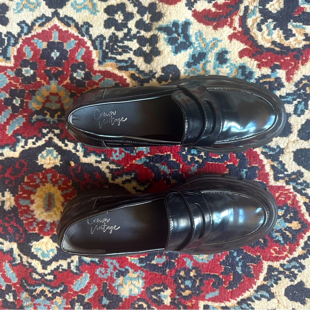 black patent leather penny loafers with heel